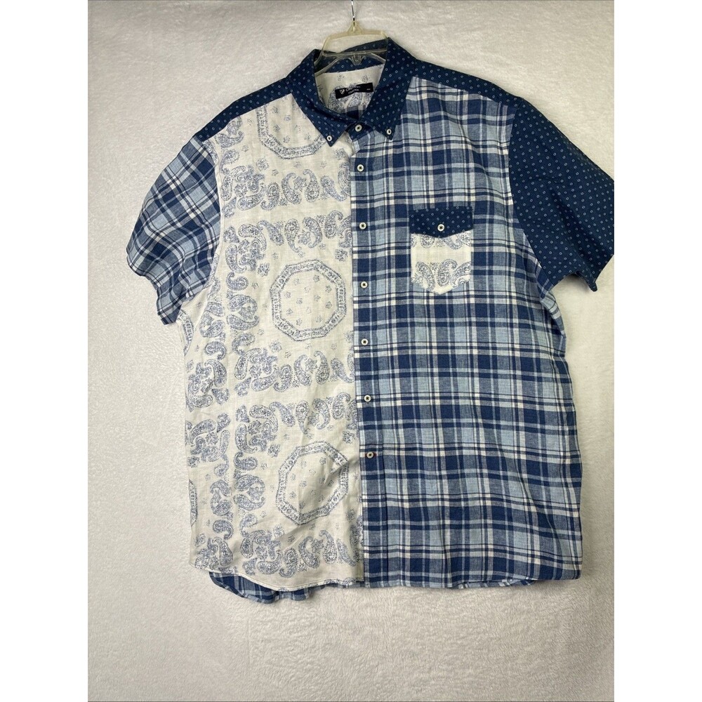 Cremieux Collection Mens XXL Blue White Patchwork Plaid Linen Cotton Shirt